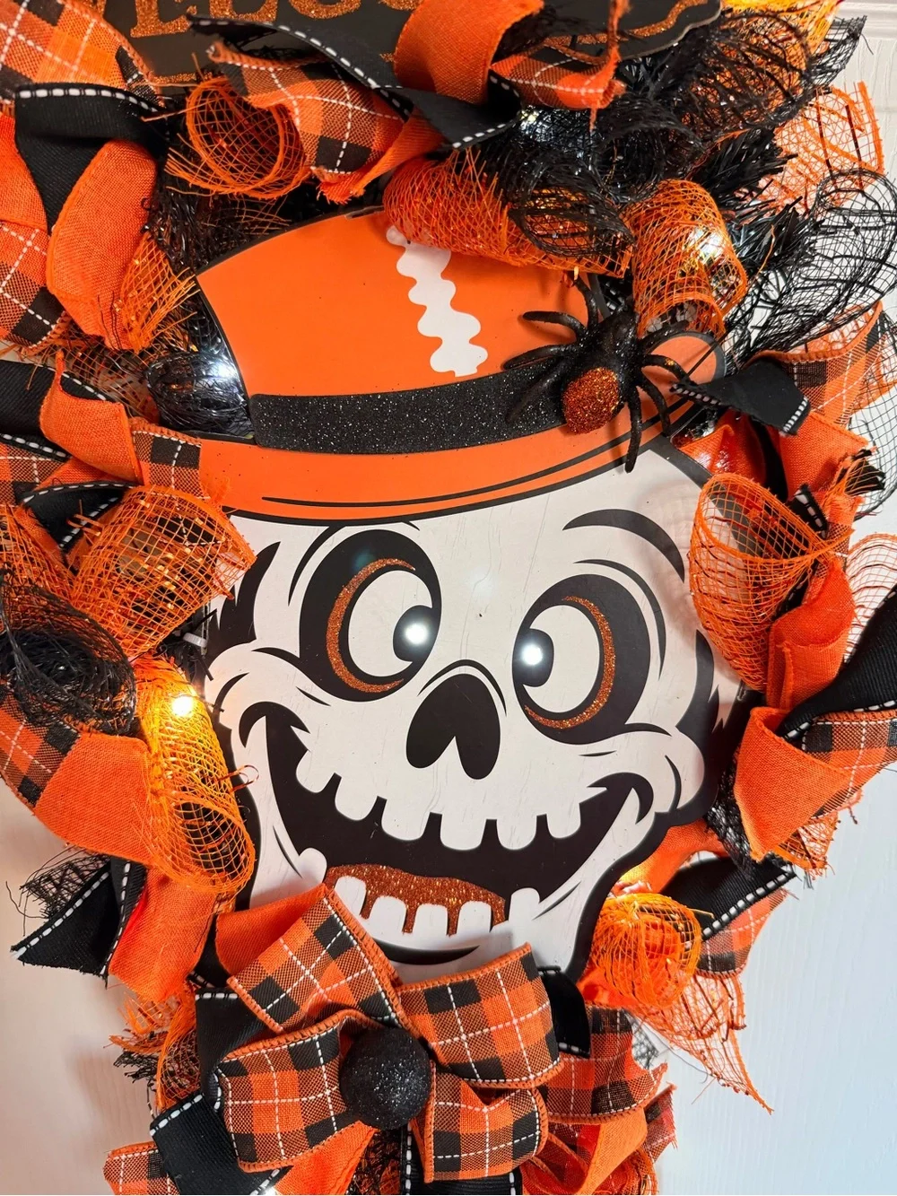 Handcrafted Lighted Halloween Skeleton Witch Door Swag Wreath 18x24 orange black